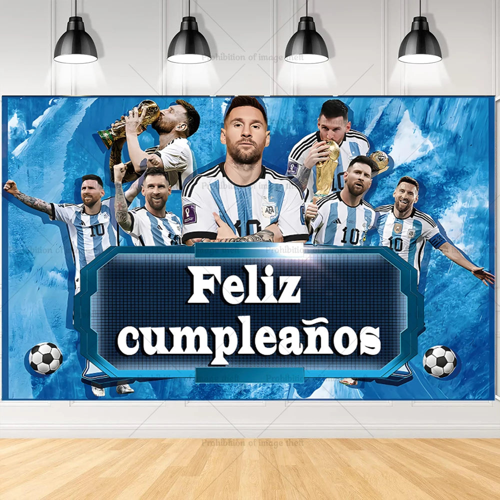 Messi Argentina Football Party Decoration Set – Banner, Backdrop, Cake Topper & Balloons