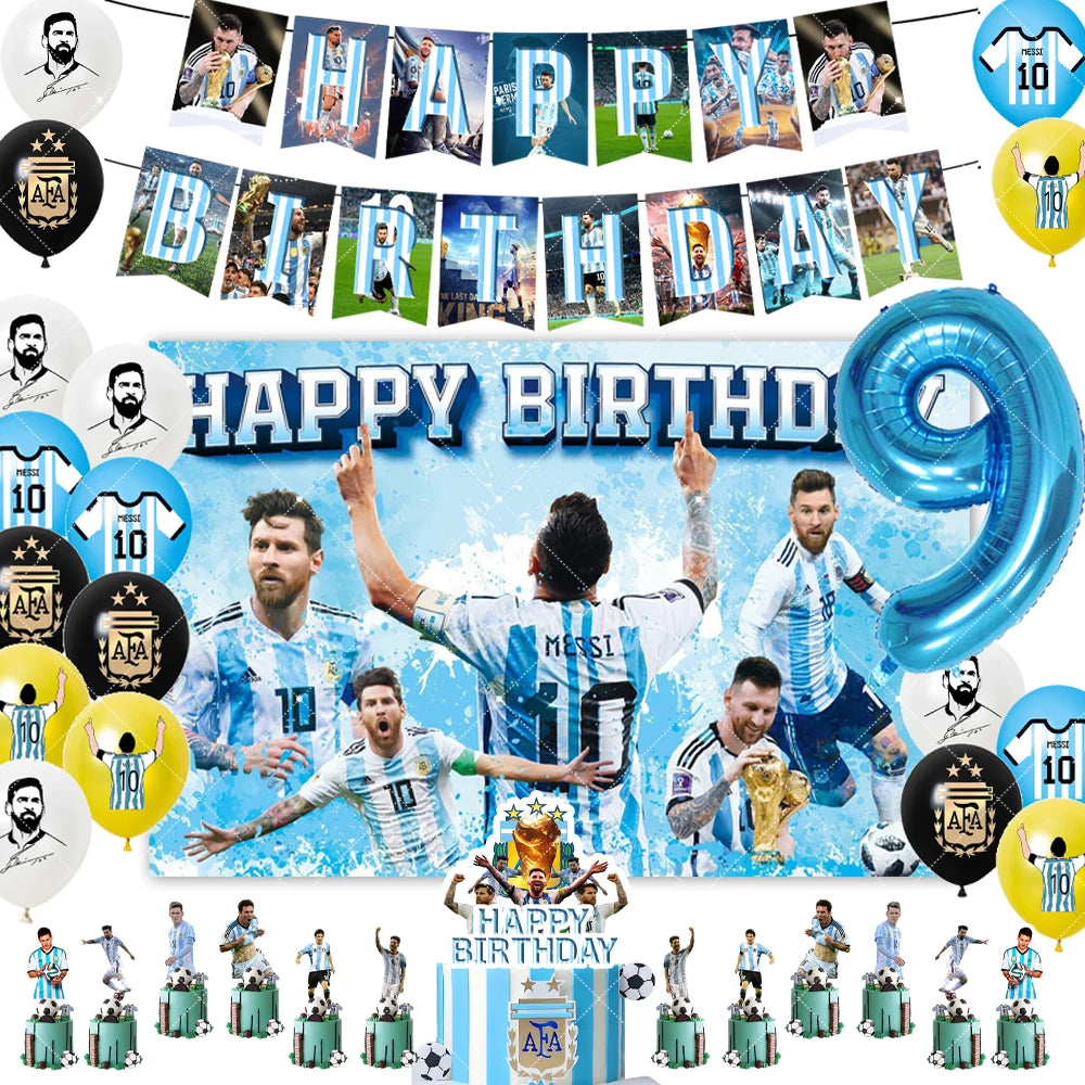 Messi Argentina Football Party Decoration Set – Banner, Backdrop, Cake Topper & Balloons
