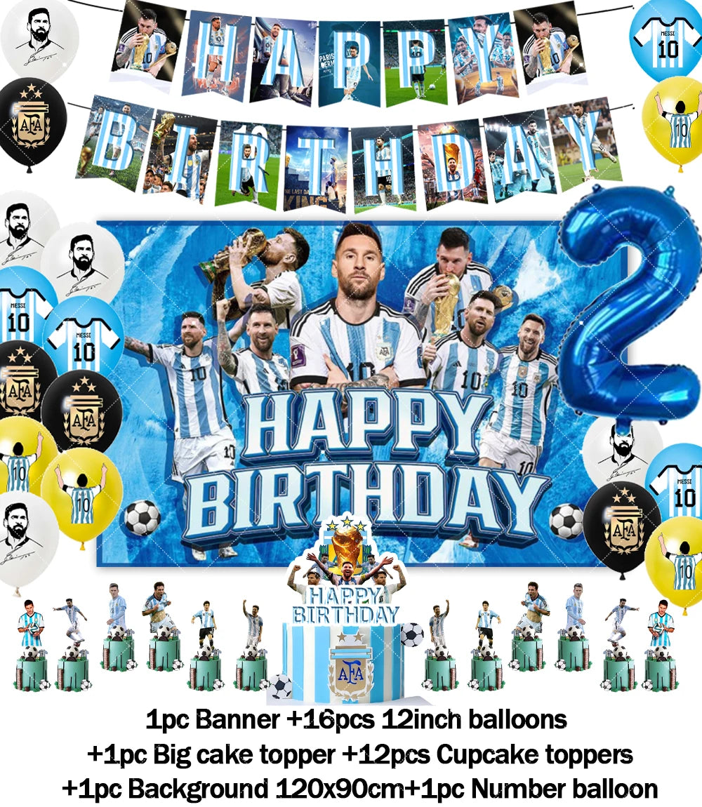 Messi Argentina Football Party Decoration Set – Banner, Backdrop, Cake Topper & Balloons