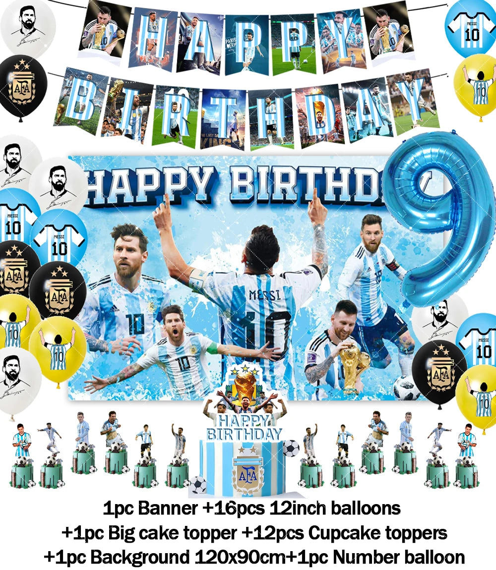 Messi Argentina Football Party Decoration Set – Banner, Backdrop, Cake Topper & Balloons