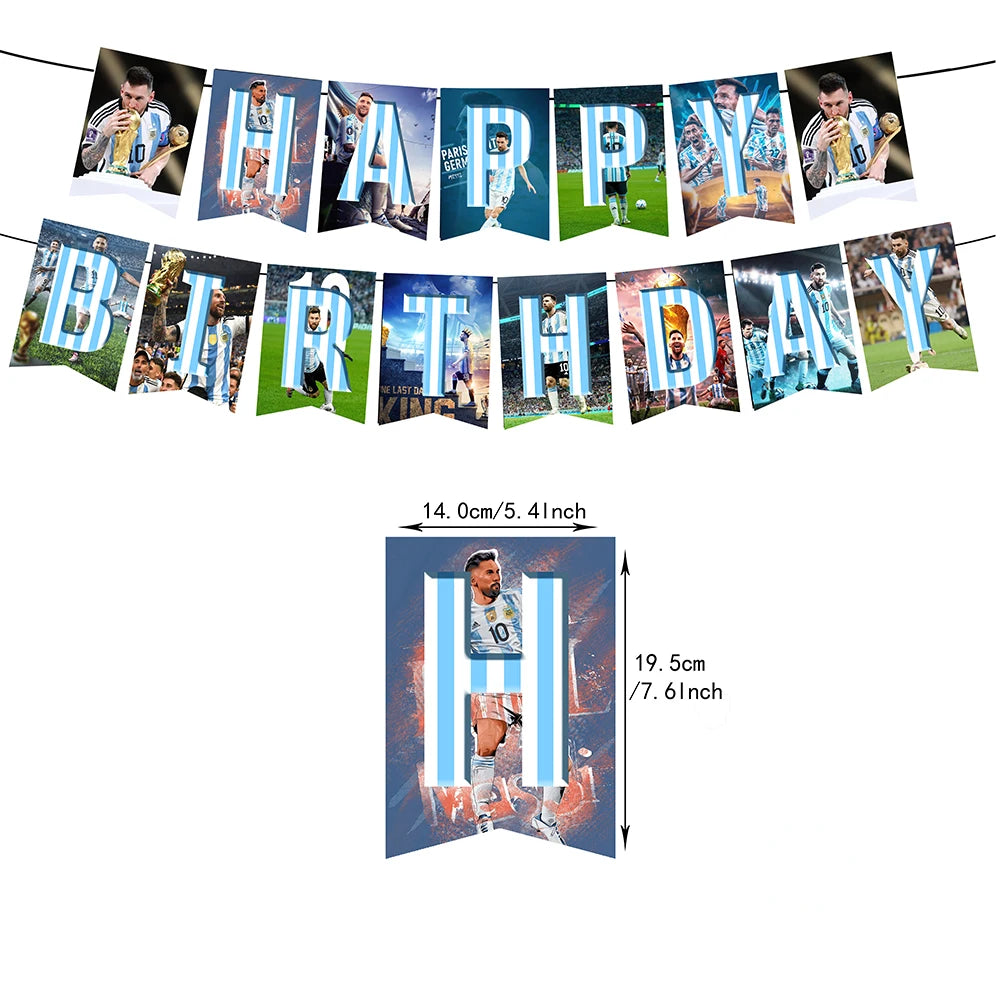 Messi Argentina Football Party Decoration Set – Banner, Backdrop, Cake Topper & Balloons