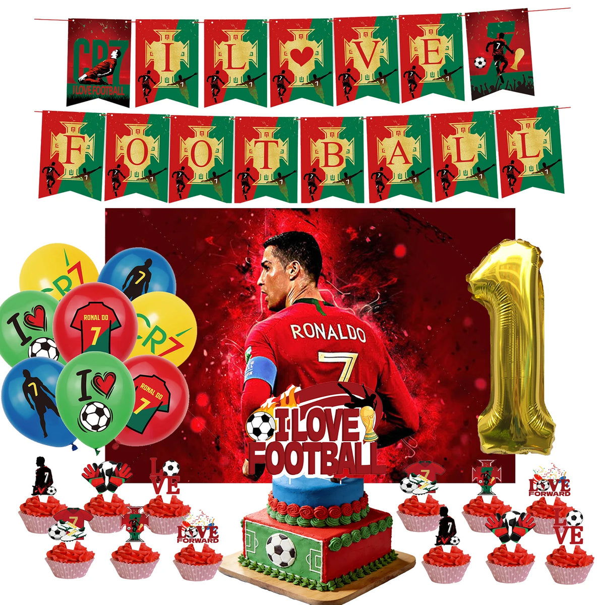Ronaldo CR7 Football Party Set – Plates, Cups, Balloons, Banner & Backdrop
