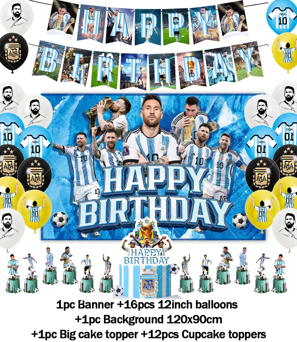 Messi Argentina Football Party Decoration Set – Banner, Backdrop, Cake Topper & Balloons