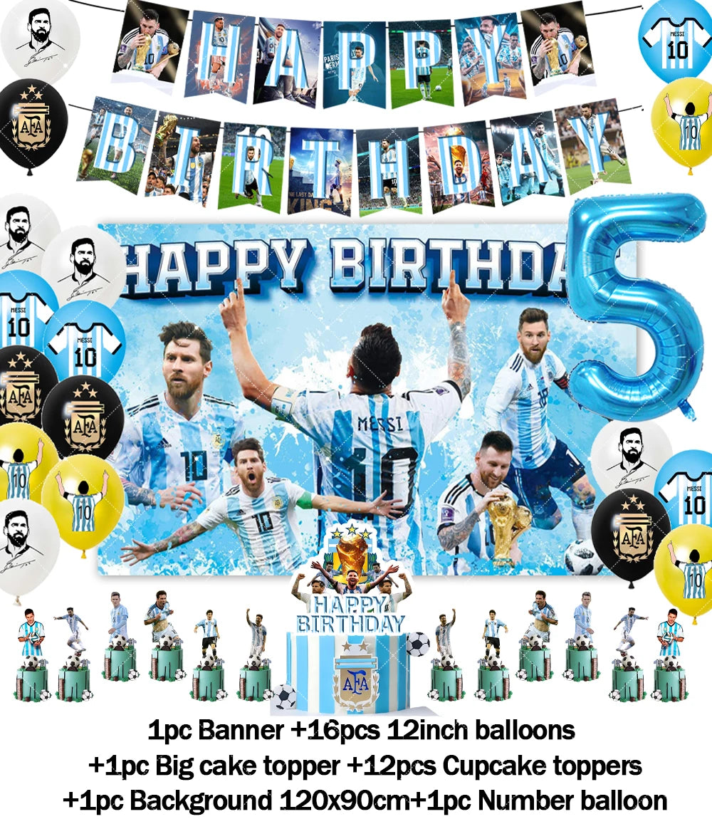 Messi Argentina Football Party Decoration Set – Banner, Backdrop, Cake Topper & Balloons