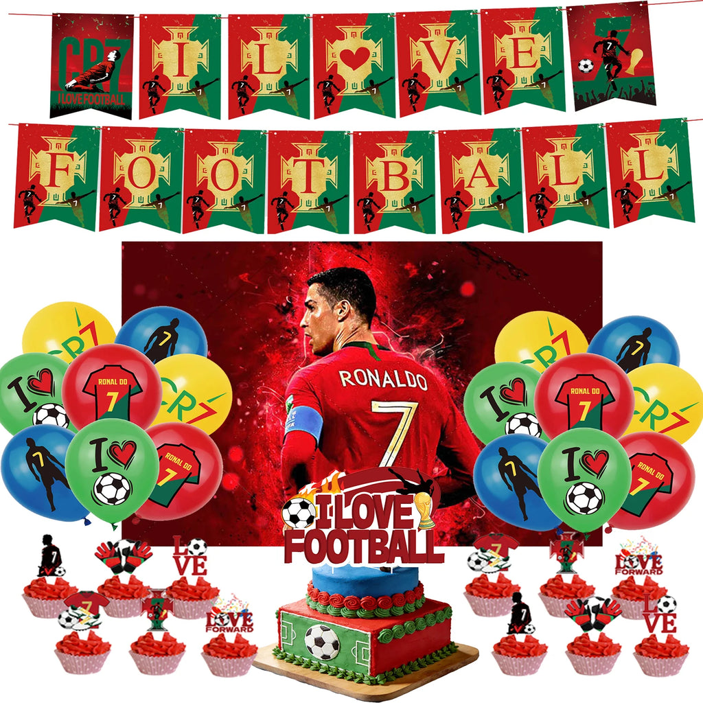 Ronaldo CR7 Football Party Set – Plates, Cups, Balloons, Banner & Backdrop