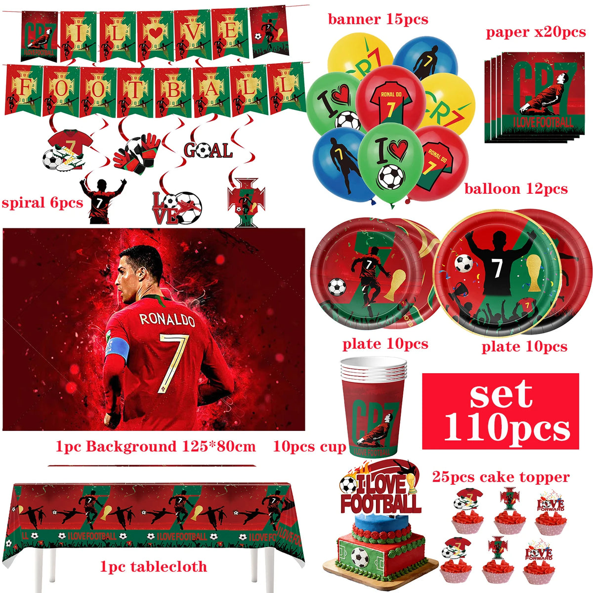 Ronaldo CR7 Football Party Set – Plates, Cups, Balloons, Banner & Backdrop