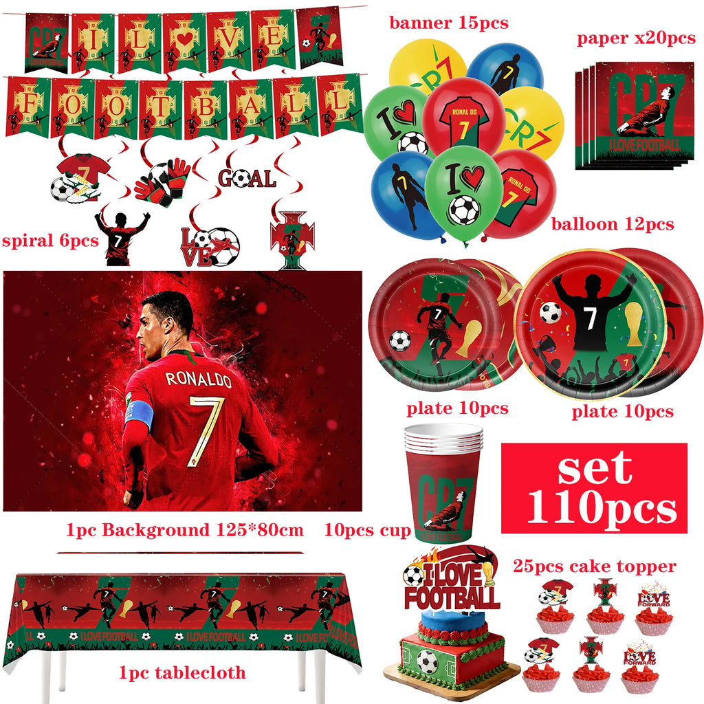 Ronaldo CR7 Football Party Set – Plates, Cups, Balloons, Banner & Backdrop