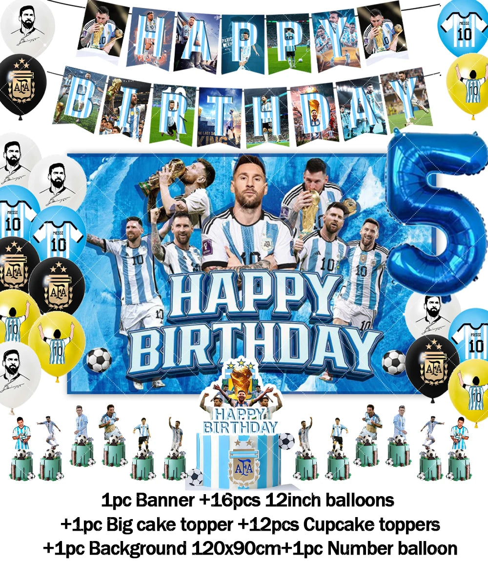 Messi Argentina Football Party Decoration Set – Banner, Backdrop, Cake Topper & Balloons