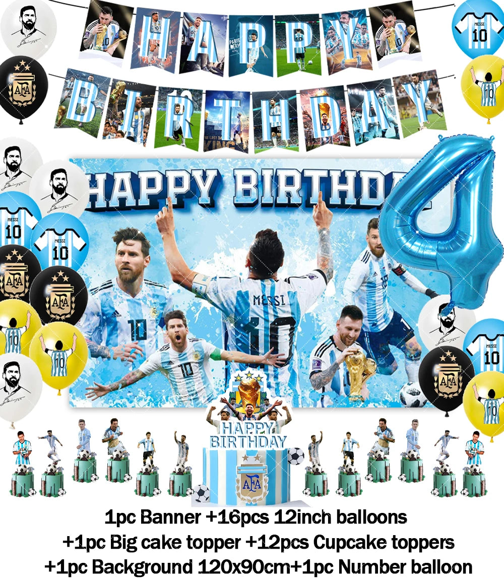 Messi Argentina Football Party Decoration Set – Banner, Backdrop, Cake Topper & Balloons