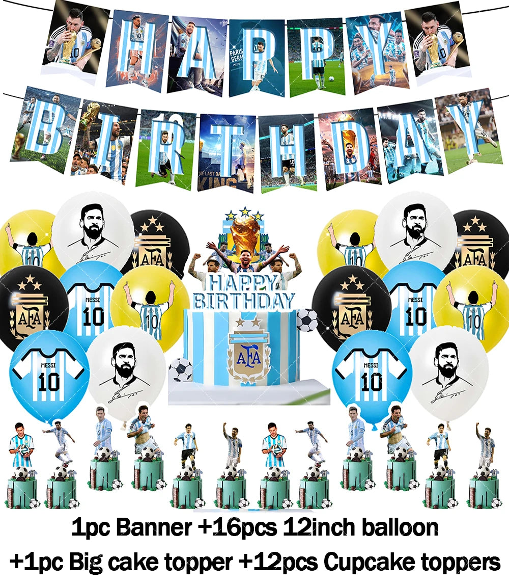 Messi Argentina Football Party Decoration Set – Banner, Backdrop, Cake Topper & Balloons