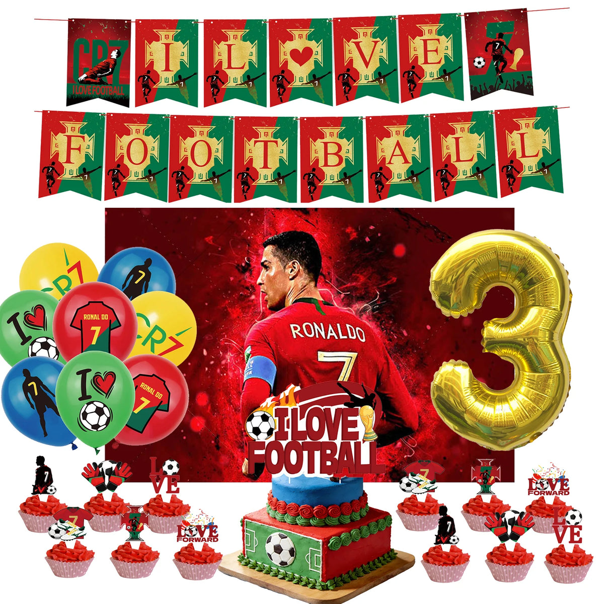 Ronaldo CR7 Football Party Set – Plates, Cups, Balloons, Banner & Backdrop
