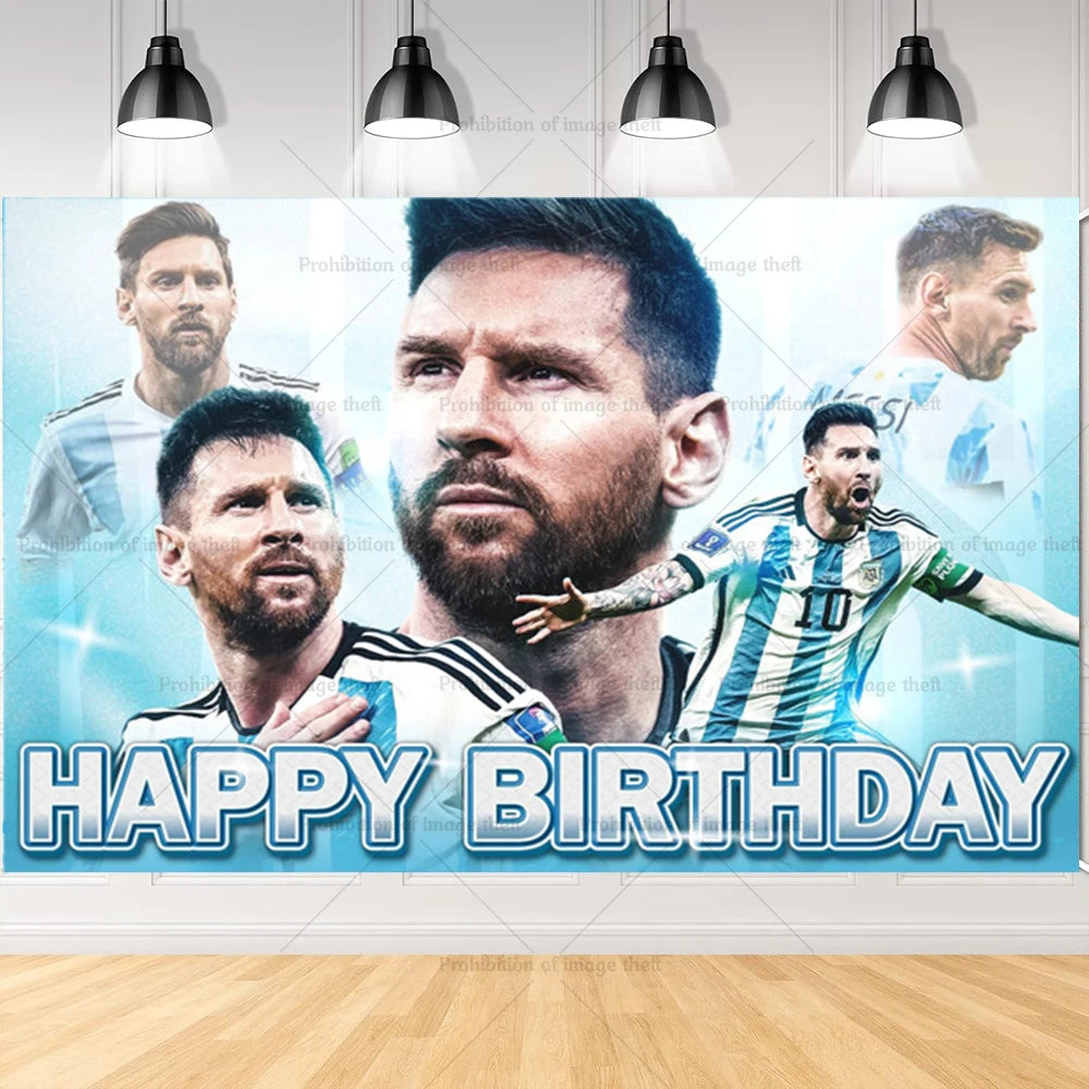 Messi Argentina Football Party Decoration Set – Banner, Backdrop, Cake Topper & Balloons