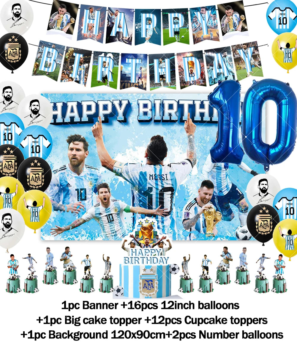 Messi Argentina Football Party Decoration Set – Banner, Backdrop, Cake Topper & Balloons