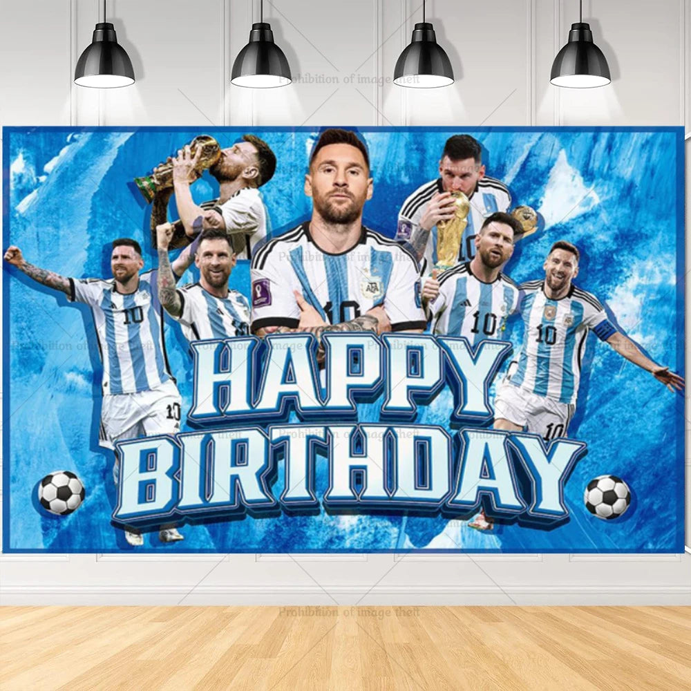Messi Argentina Football Party Decoration Set – Banner, Backdrop, Cake Topper & Balloons