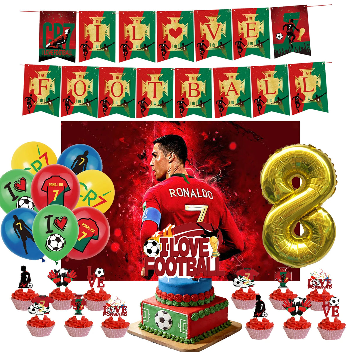 Ronaldo CR7 Football Party Set – Plates, Cups, Balloons, Banner & Backdrop