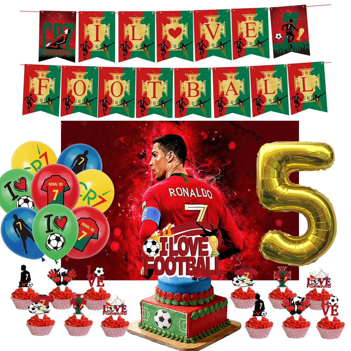 Ronaldo CR7 Football Party Set – Plates, Cups, Balloons, Banner & Backdrop