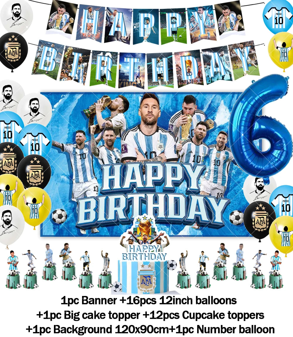 Messi Argentina Football Party Decoration Set – Banner, Backdrop, Cake Topper & Balloons