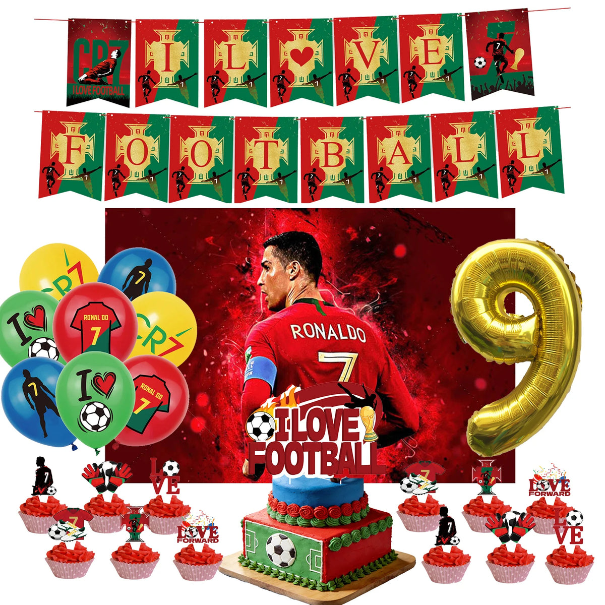 Ronaldo CR7 Football Party Set – Plates, Cups, Balloons, Banner & Backdrop
