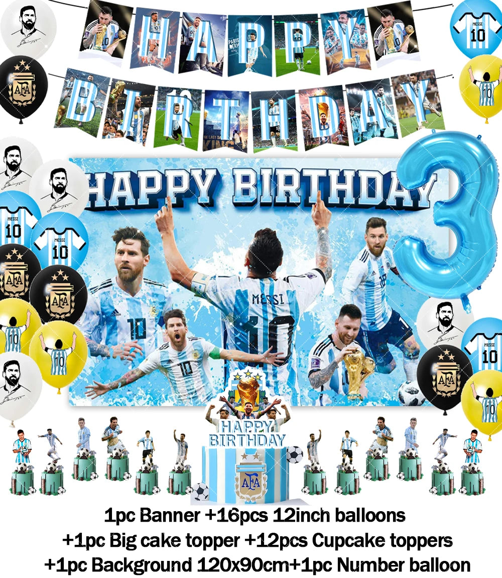 Messi Argentina Football Party Decoration Set – Banner, Backdrop, Cake Topper & Balloons