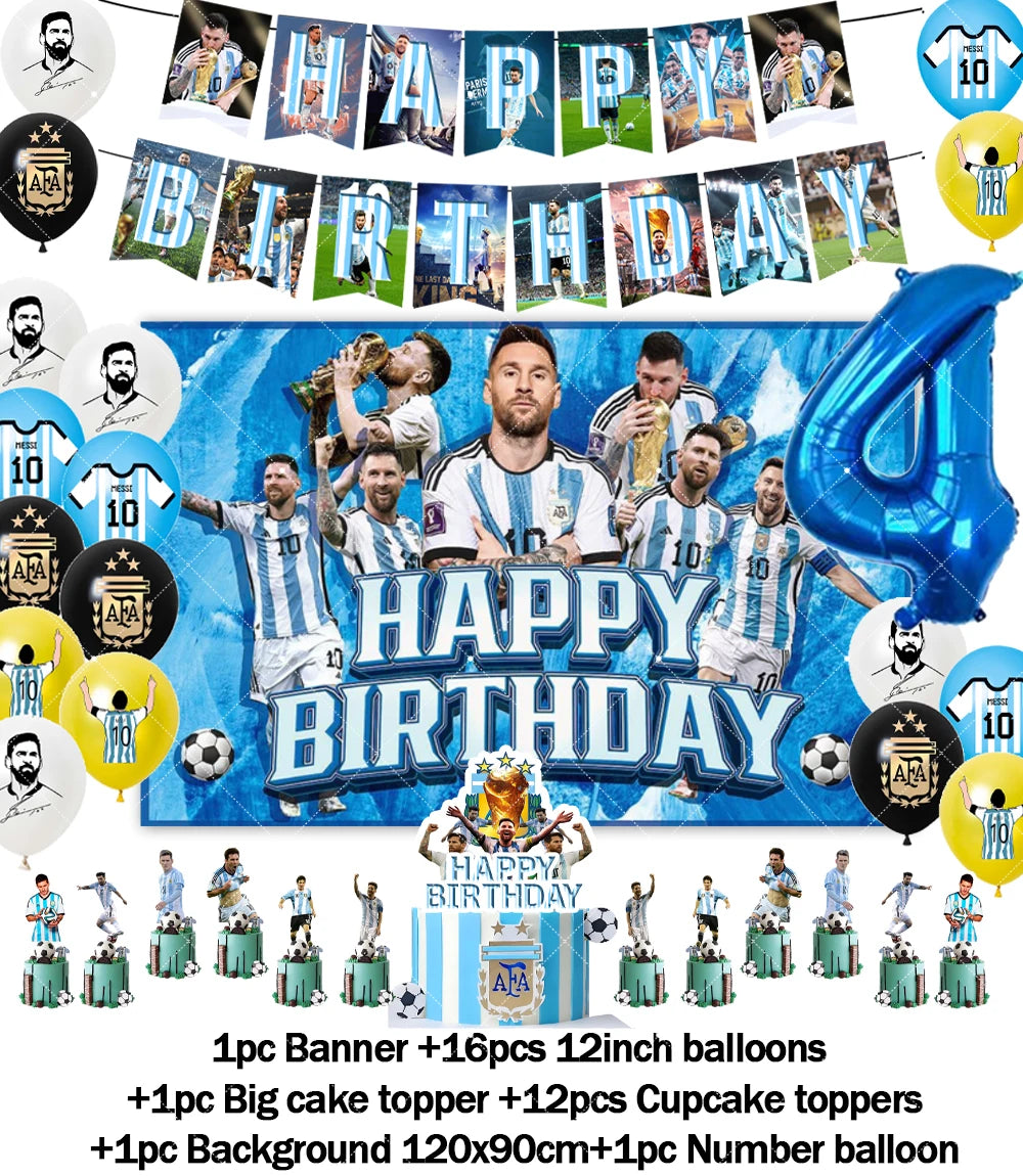 Messi Argentina Football Party Decoration Set – Banner, Backdrop, Cake Topper & Balloons