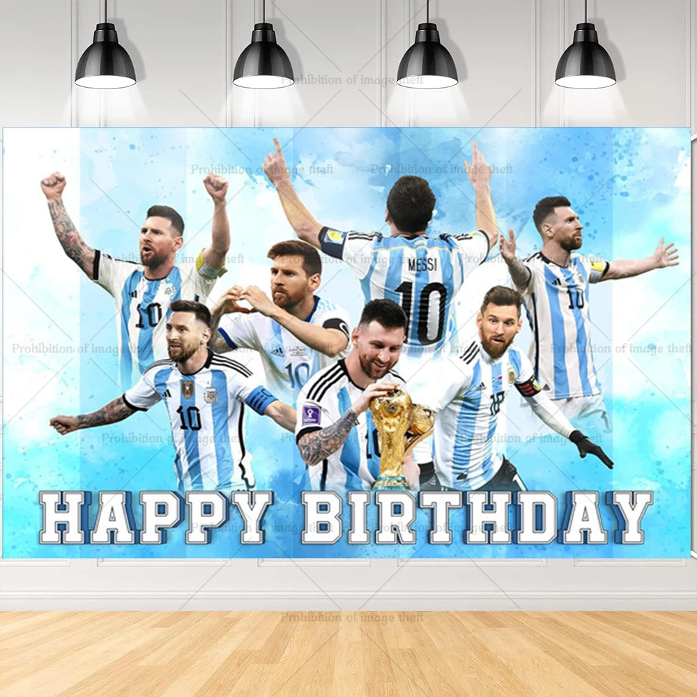 Messi Argentina Football Party Decoration Set – Banner, Backdrop, Cake Topper & Balloons