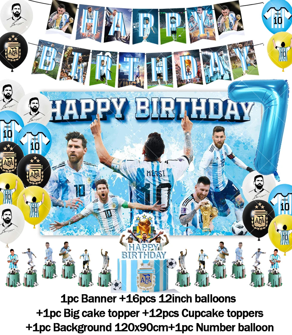 Messi Argentina Football Party Decoration Set – Banner, Backdrop, Cake Topper & Balloons