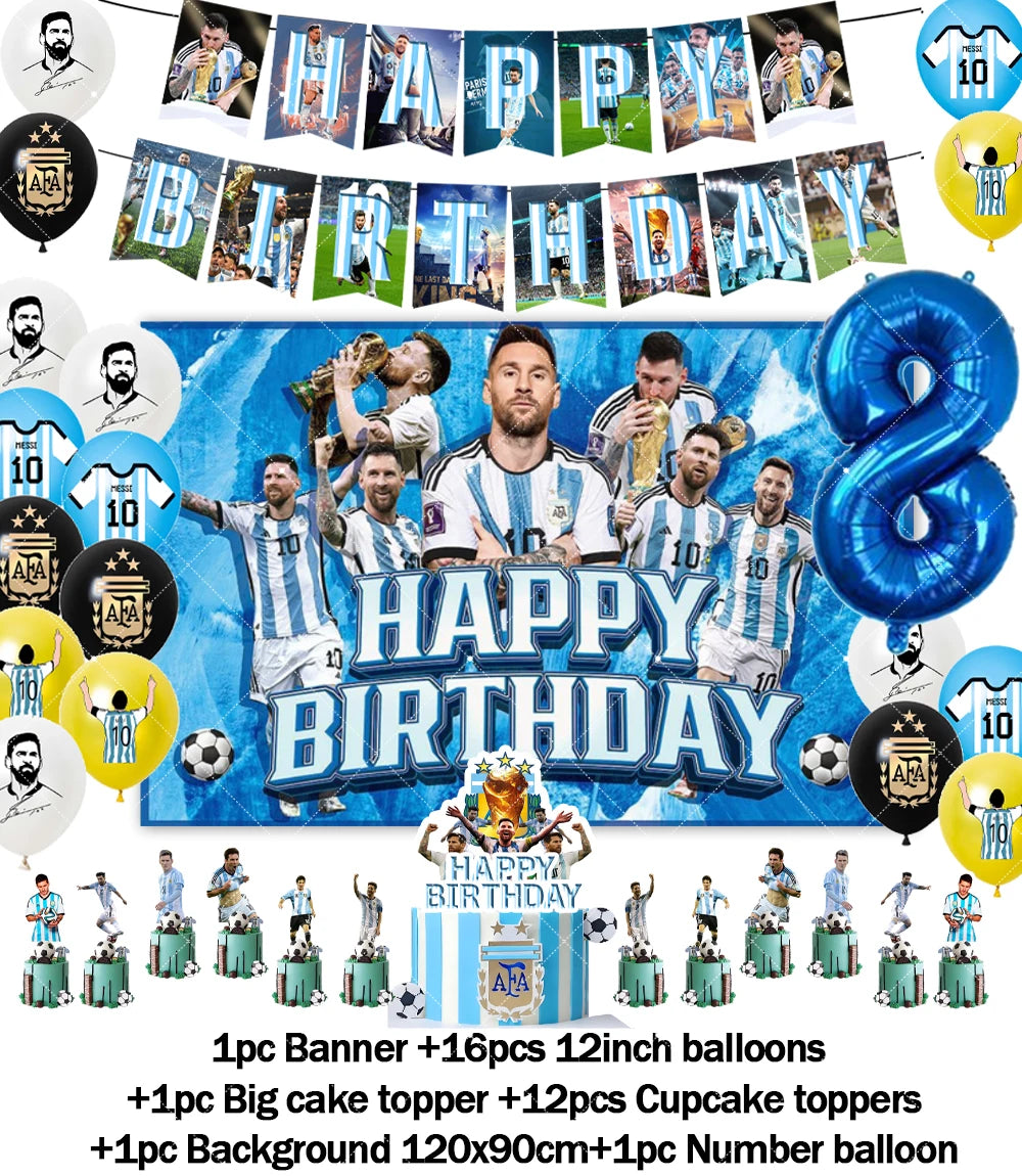 Messi Argentina Football Party Decoration Set – Banner, Backdrop, Cake Topper & Balloons