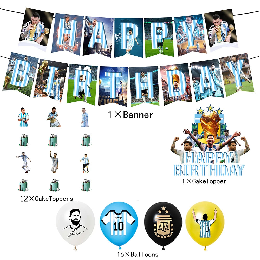 Messi Argentina Football Party Decoration Set – Banner, Backdrop, Cake Topper & Balloons