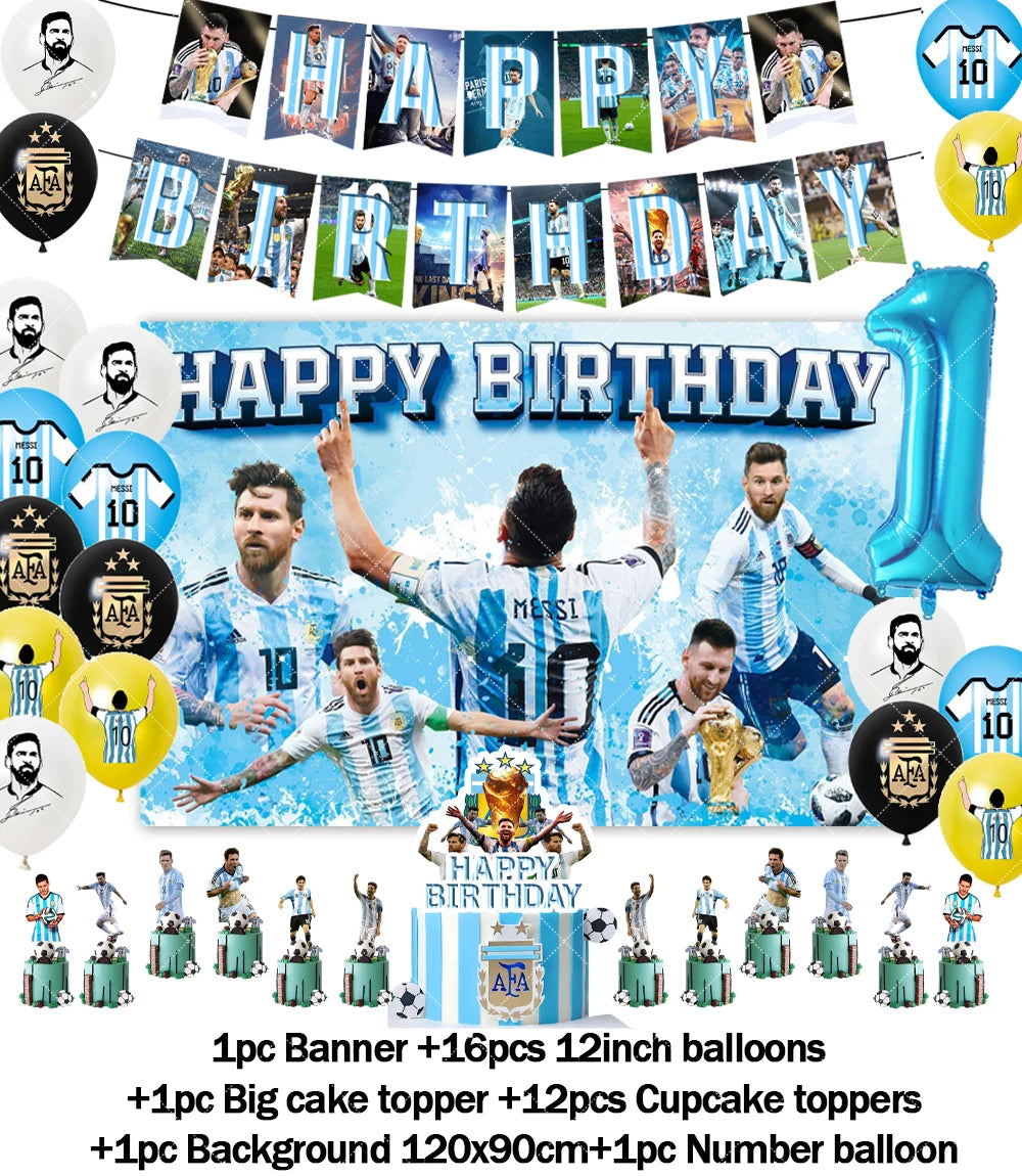 Messi Argentina Football Party Decoration Set – Banner, Backdrop, Cake Topper & Balloons