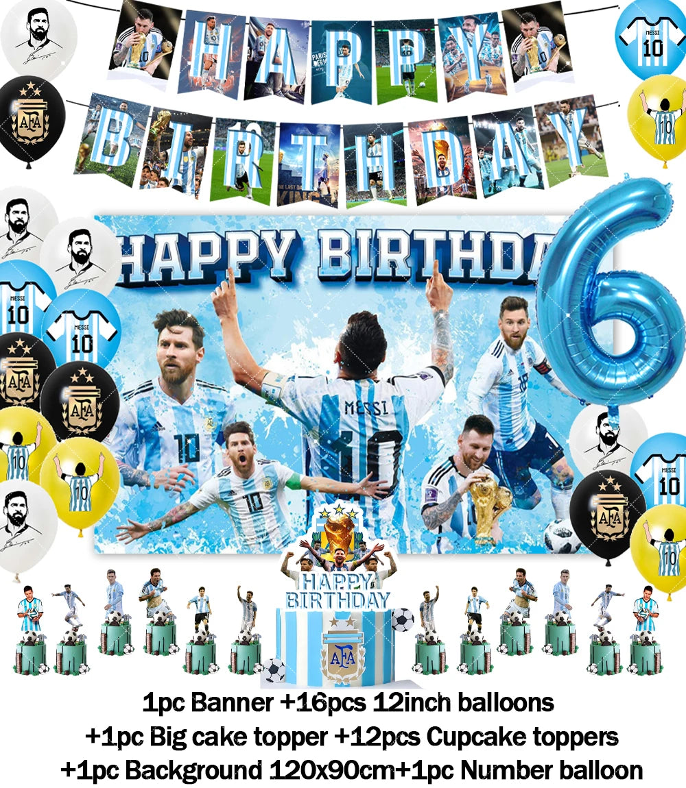 Messi Argentina Football Party Decoration Set – Banner, Backdrop, Cake Topper & Balloons