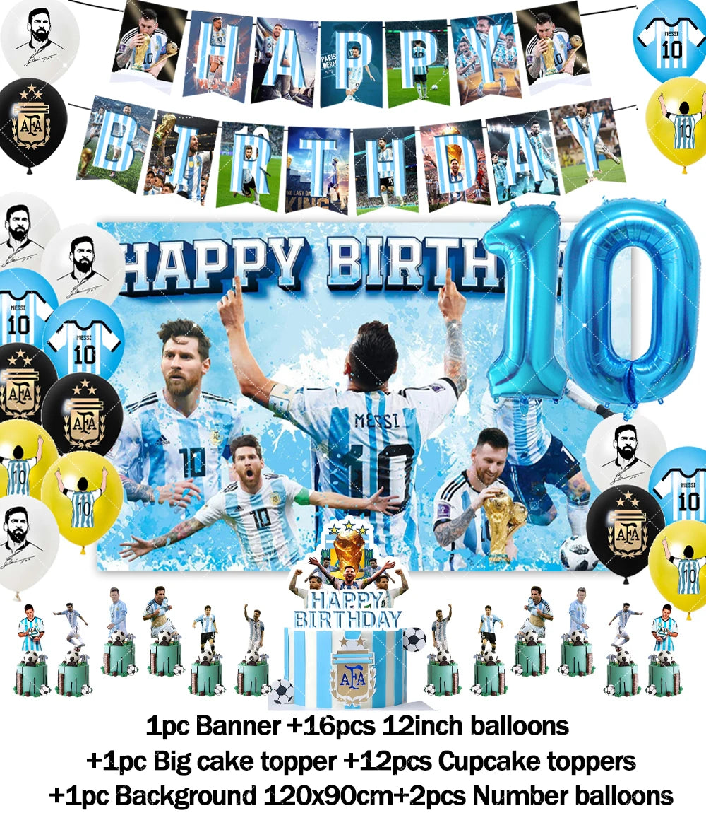 Messi Argentina Football Party Decoration Set – Banner, Backdrop, Cake Topper & Balloons