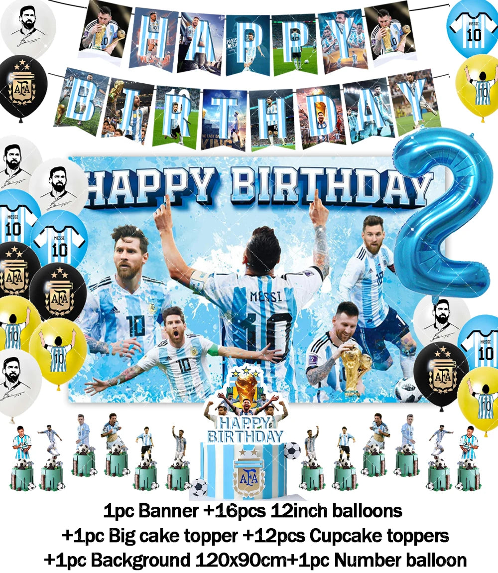 Messi Argentina Football Party Decoration Set – Banner, Backdrop, Cake Topper & Balloons