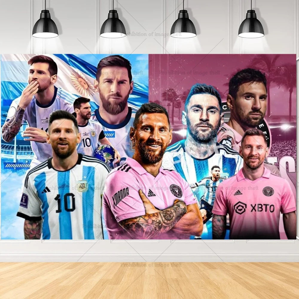 Messi Argentina Football Party Decoration Set – Banner, Backdrop, Cake Topper & Balloons