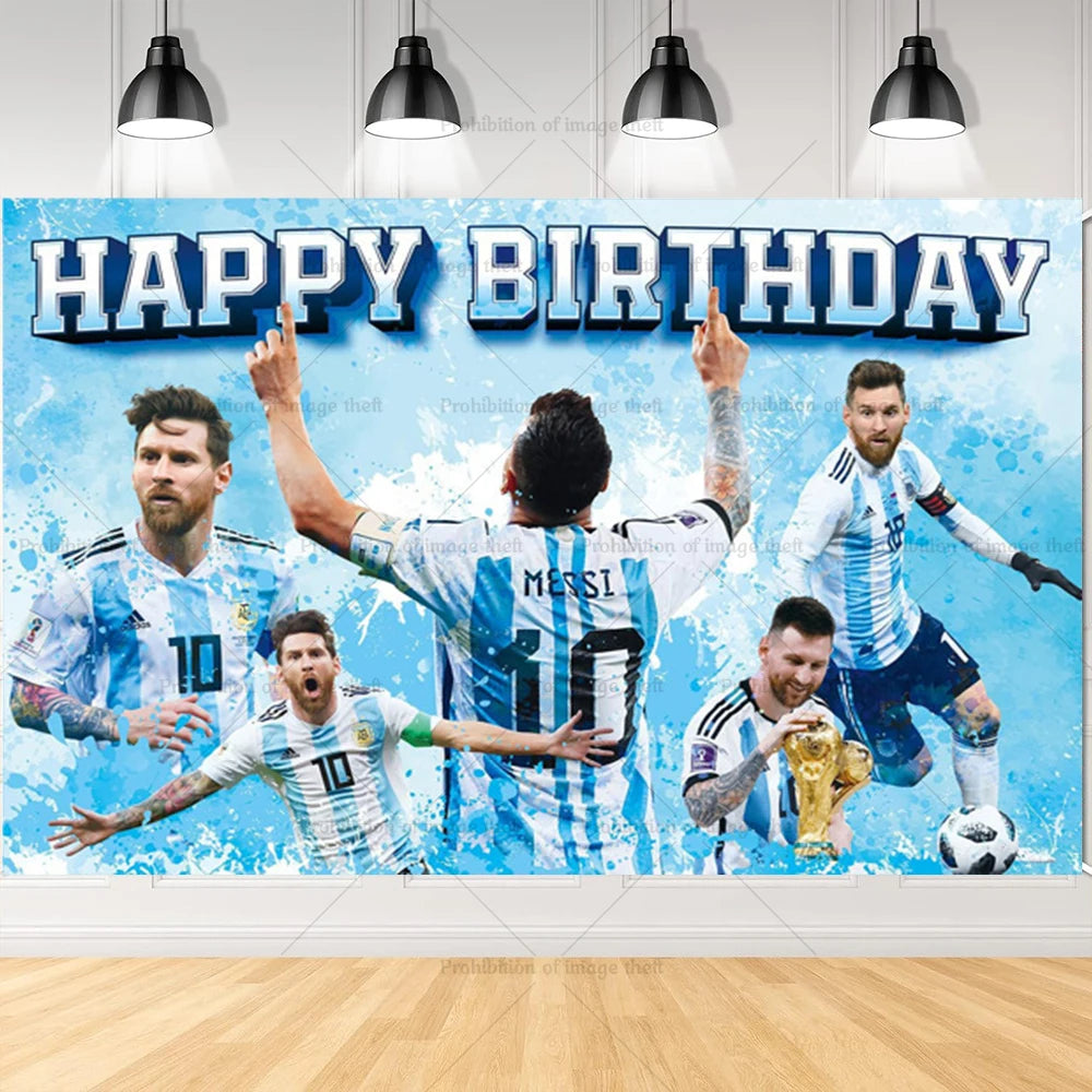 Messi Argentina Football Party Decoration Set – Banner, Backdrop, Cake Topper & Balloons