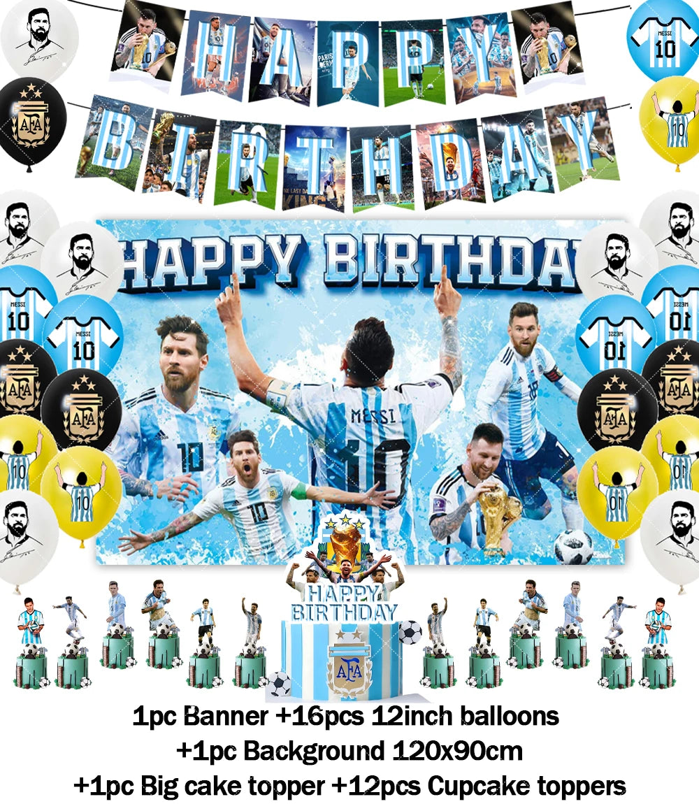 Messi Argentina Football Party Decoration Set – Banner, Backdrop, Cake Topper & Balloons