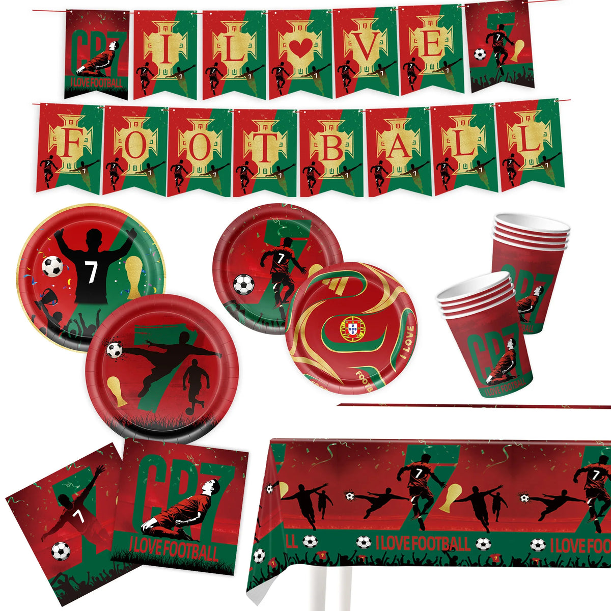 Ronaldo CR7 Football Party Set – Plates, Cups, Balloons, Banner & Backdrop