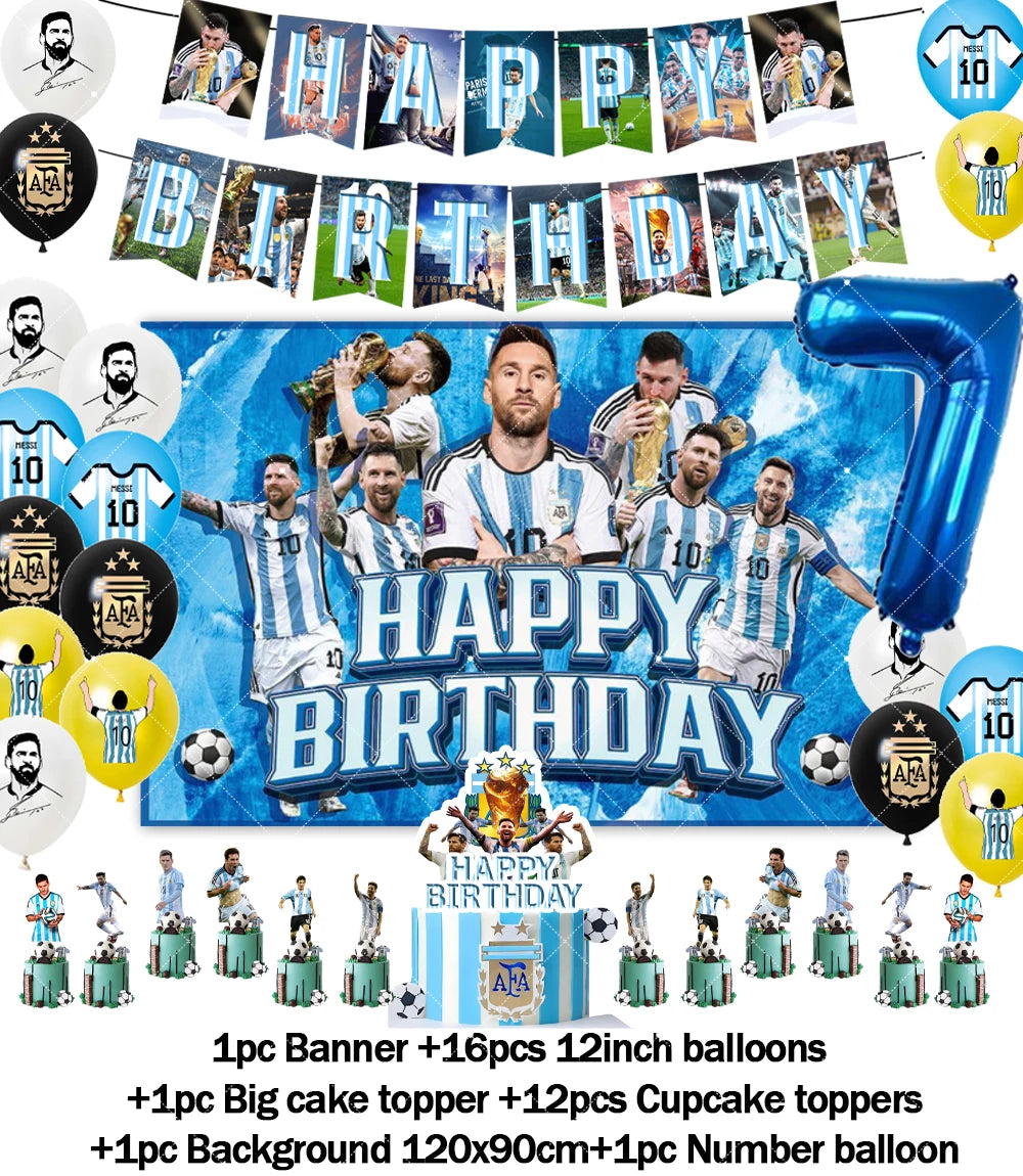 Messi Argentina Football Party Decoration Set – Banner, Backdrop, Cake Topper & Balloons