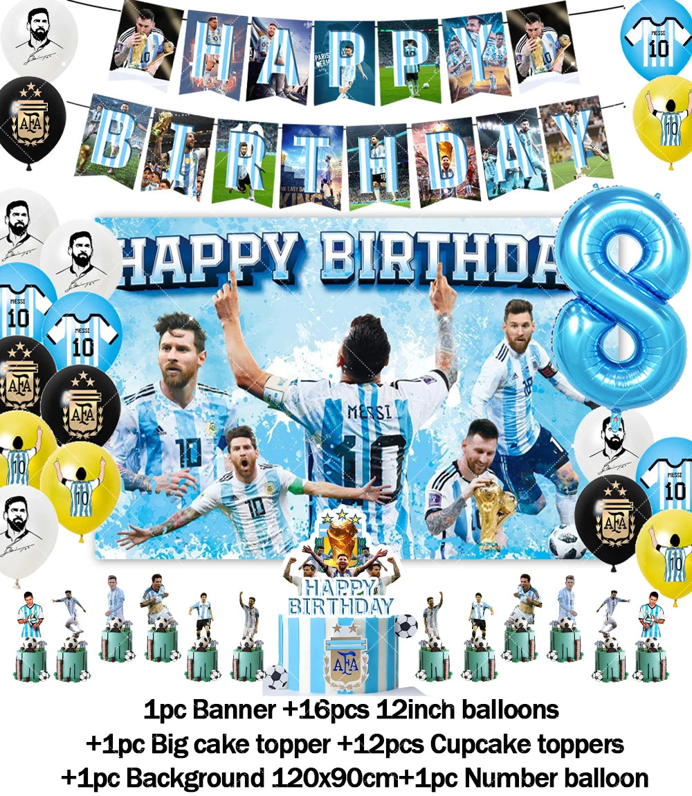 Messi Argentina Football Party Decoration Set – Banner, Backdrop, Cake Topper & Balloons