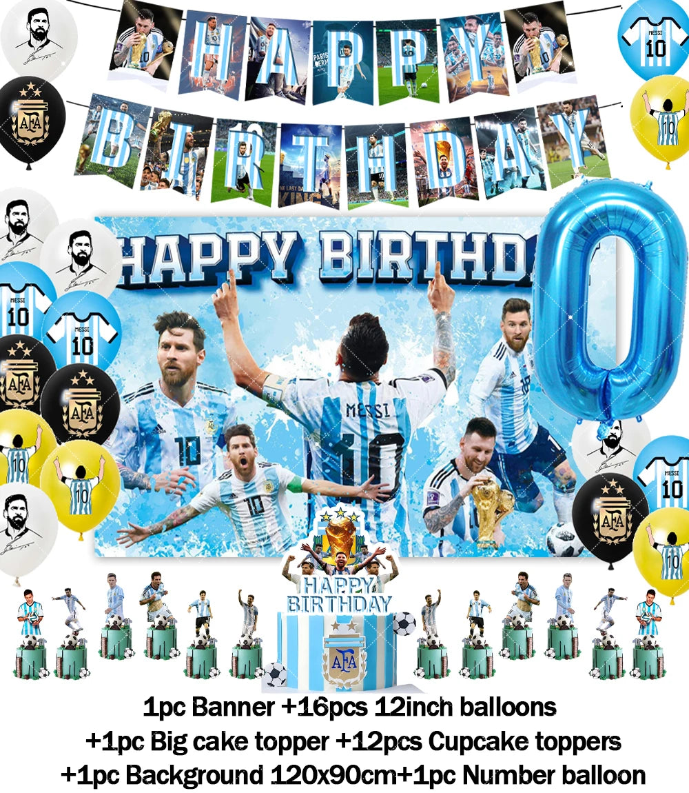 Messi Argentina Football Party Decoration Set – Banner, Backdrop, Cake Topper & Balloons