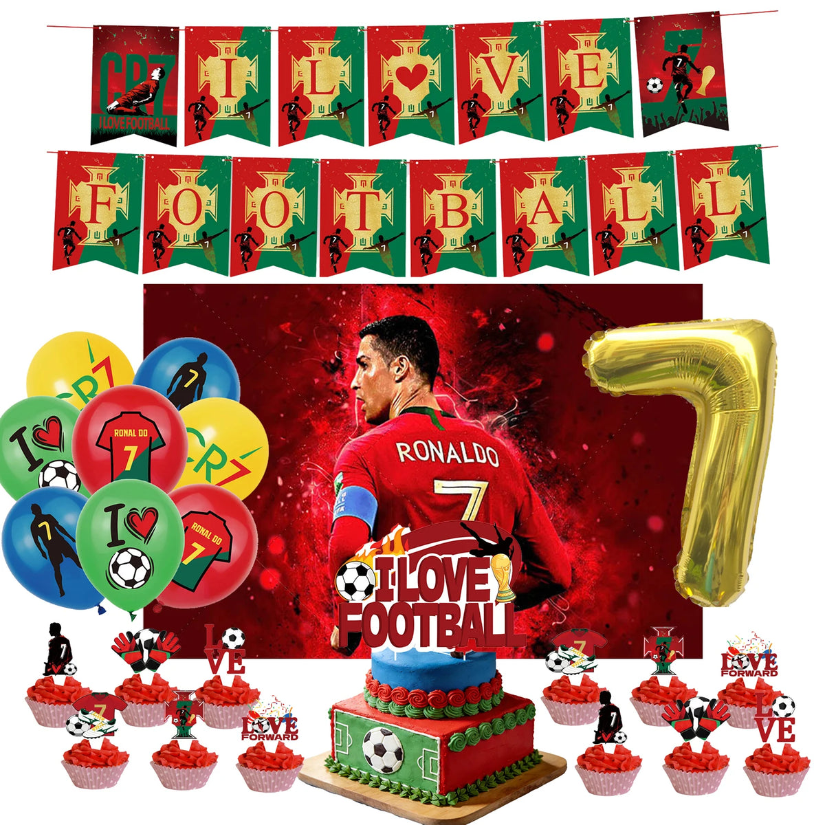 Ronaldo CR7 Football Party Set – Plates, Cups, Balloons, Banner & Backdrop