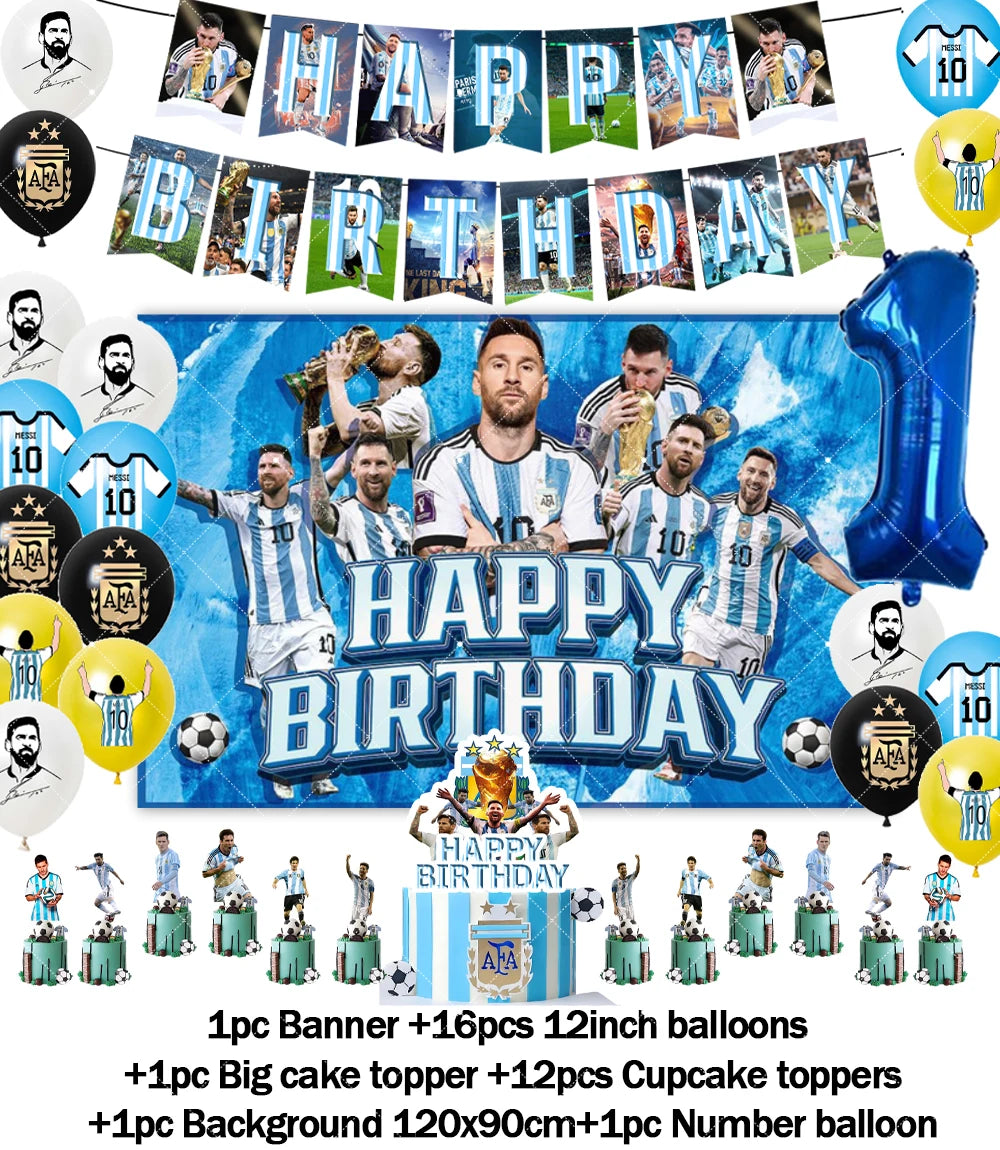 Messi Argentina Football Party Decoration Set – Banner, Backdrop, Cake Topper & Balloons