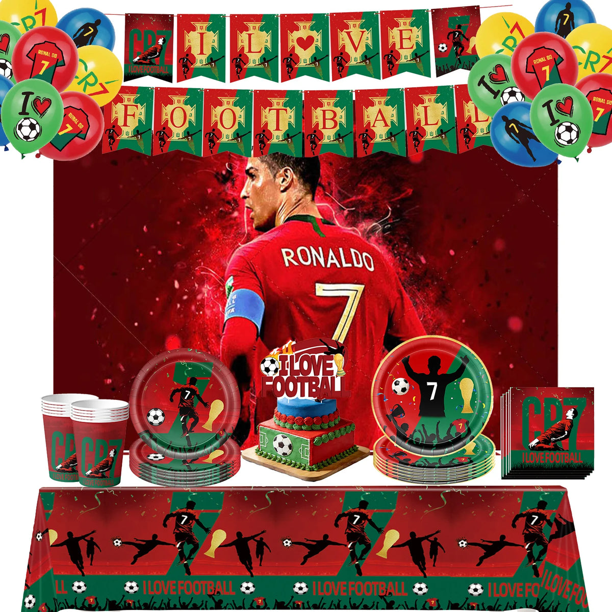 Ronaldo CR7 Football Party Set – Plates, Cups, Balloons, Banner & Backdrop