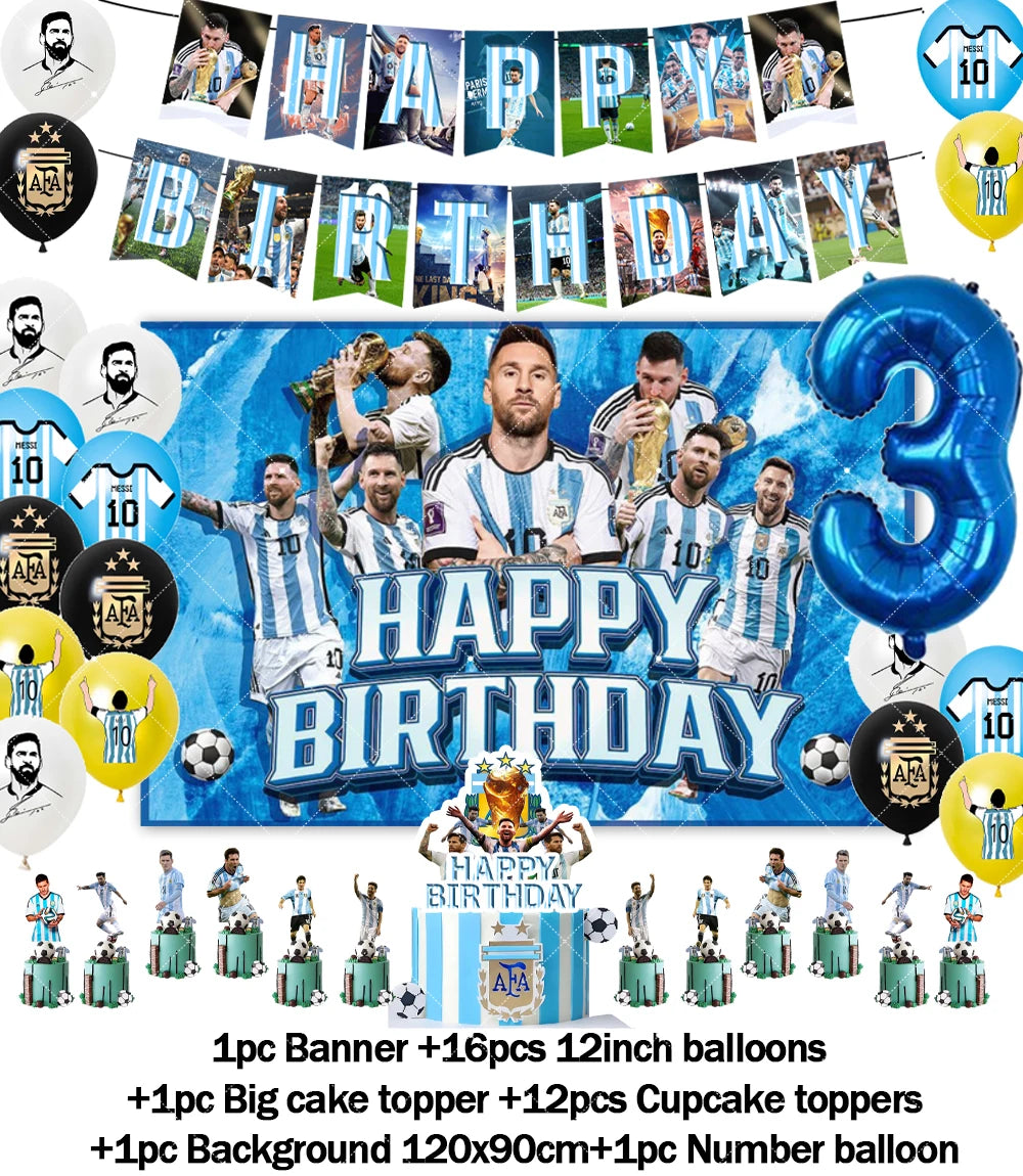 Messi Argentina Football Party Decoration Set – Banner, Backdrop, Cake Topper & Balloons