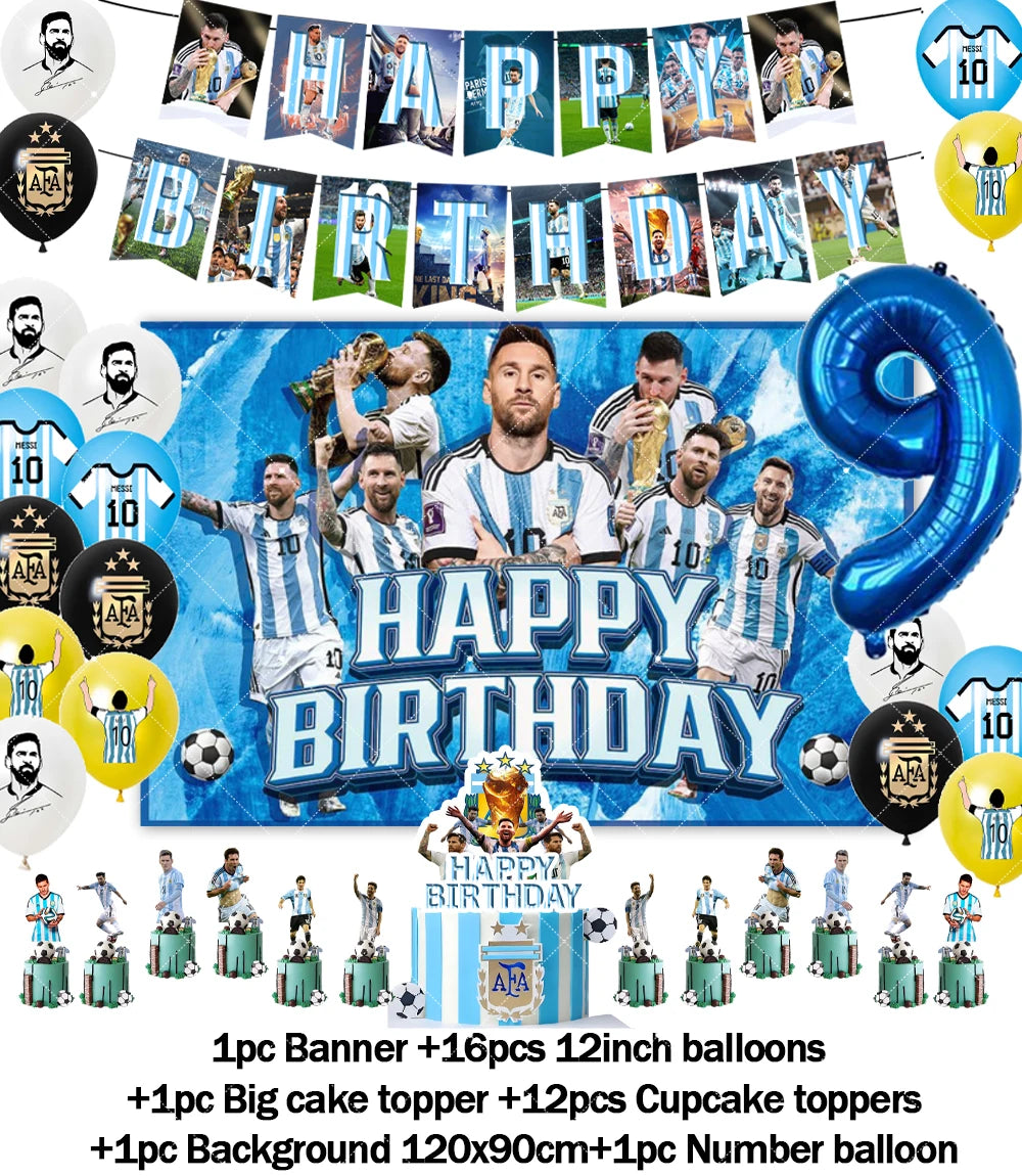 Messi Argentina Football Party Decoration Set – Banner, Backdrop, Cake Topper & Balloons