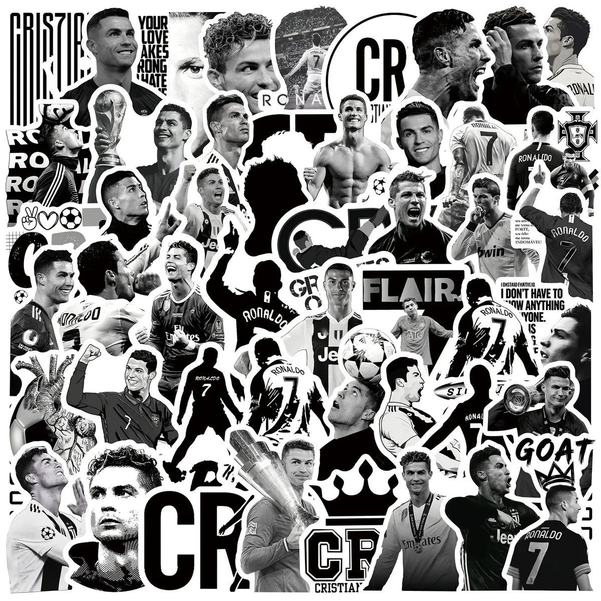 Cristiano Ronaldo CR7 GOAT Black & White Sticker Pack – 50pcs